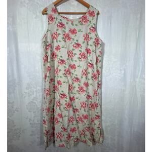 Christopher Banks Tank Dress 14 Tan Pink Floral Linen Blend Side Slit Midi